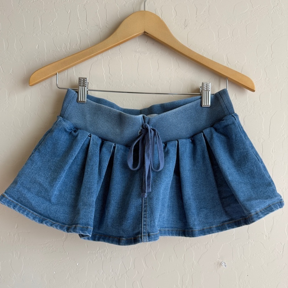 Almost Famous Pleated Micro Mini Pull On Drawstring Denim Jean Skirt Y2K Small